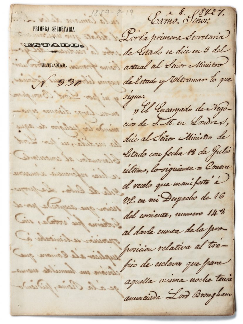 Slavery in Cuba and the Spanish slave trade: Title: Two manuscript documents in Spanish relating to debates in the British House of Commons on slavery in Cuba and the Spanish slave trade Author: ** Description: Six pages & eight pages, in Spanis