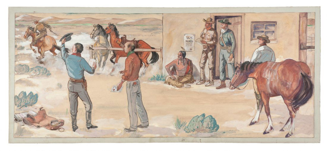 Painting on board attributed to Maynard Dixon: Title: Original gouache painting on board attributed to Maynard Dixon. Author: Dixon, Maynard, attrib. Description: Color gouache on heavy illustration board, initialed lower left MD. 45.5x106 cm. (17