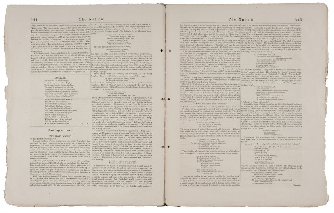 The Negro Dialect 1865 by "Marcel": Title: "The Negro Dialect”, Pp. 744-745 of The Nation magazine, Vol. I, No. 24 Author: “Marcel” (pseudonym of William Francis Allen) Description: The Negro Dialect”, Pp. 744-745 of The Nation 