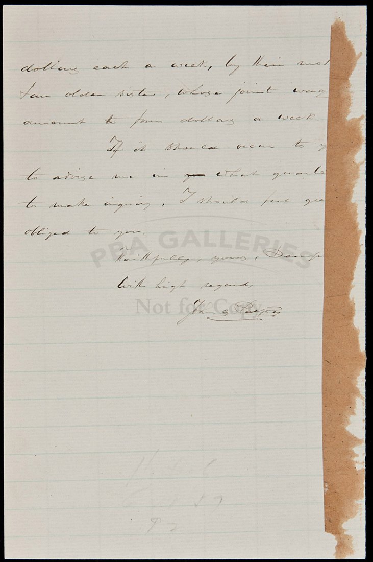 ALs from Lincoln's postmaster helping freed slave: Title: Autograph Letter Signed - 1866 Lincoln's Boston Postmaster Helps Freed Slave Child Author: Palfrey, John G. Description: 2 pp. To Mr. Endicott.“I wish, though I fear there is small probabilit