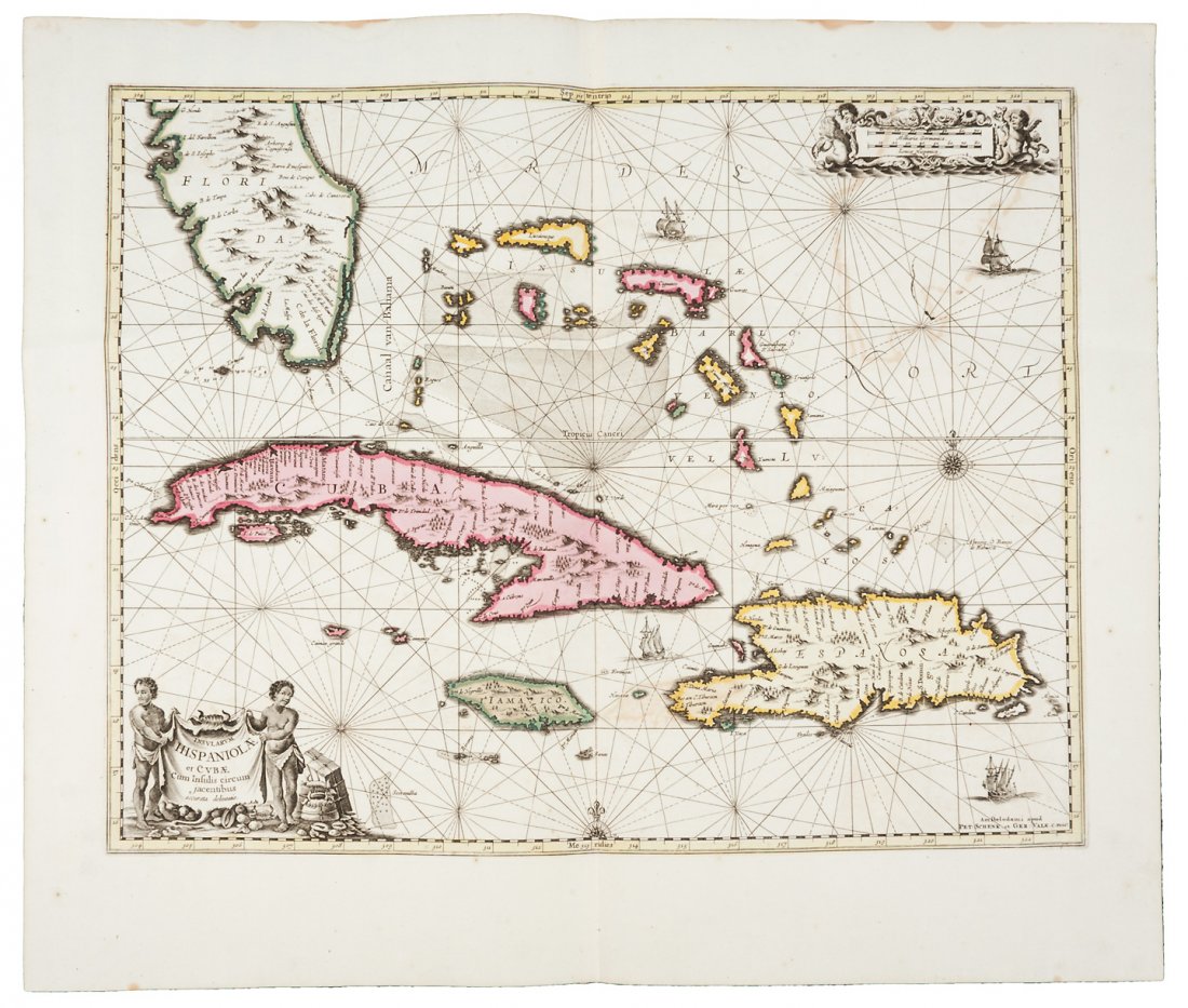 Jansson's Cuba issued by Valk & Schenk: Title: Insularum Hispaniolae et Cubae Cum Insulis circum jacentibus accurata delineatio Author: Jansson, Jan / Valk & Schenk Description: Copper-engraved map, hand-colored; uncolored pictorial cartouc