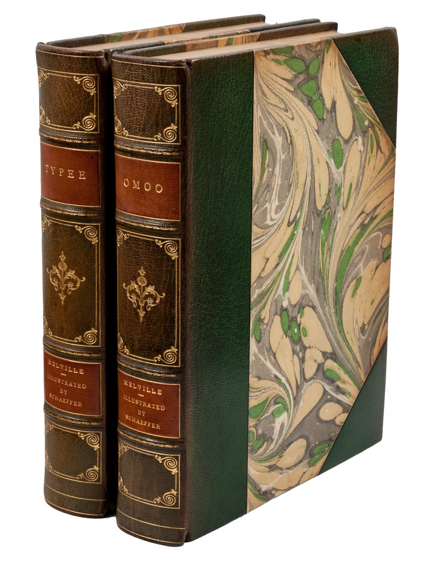 Omoo [and] Typee - two finely bound works: Title: Omoo [and] Typee - two finely bound works Author: Melville, Herman Description: 2 volumes. Both illustrated in color by Mead Schaeffer. Each 23x18 cm (9x7") in half green morocco and marbled bo