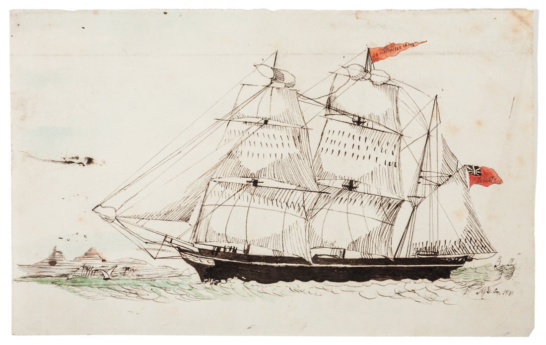 Drawing of Missionary Ship John Williams 1872: Title: Original Pen-&-Ink drawing of the sailing ship John Williams, owned by the London Missionary Society Author: D., A.J. Description: Pen-&-Ink on paper, with two flags hand-colored. 11x18 cm 
