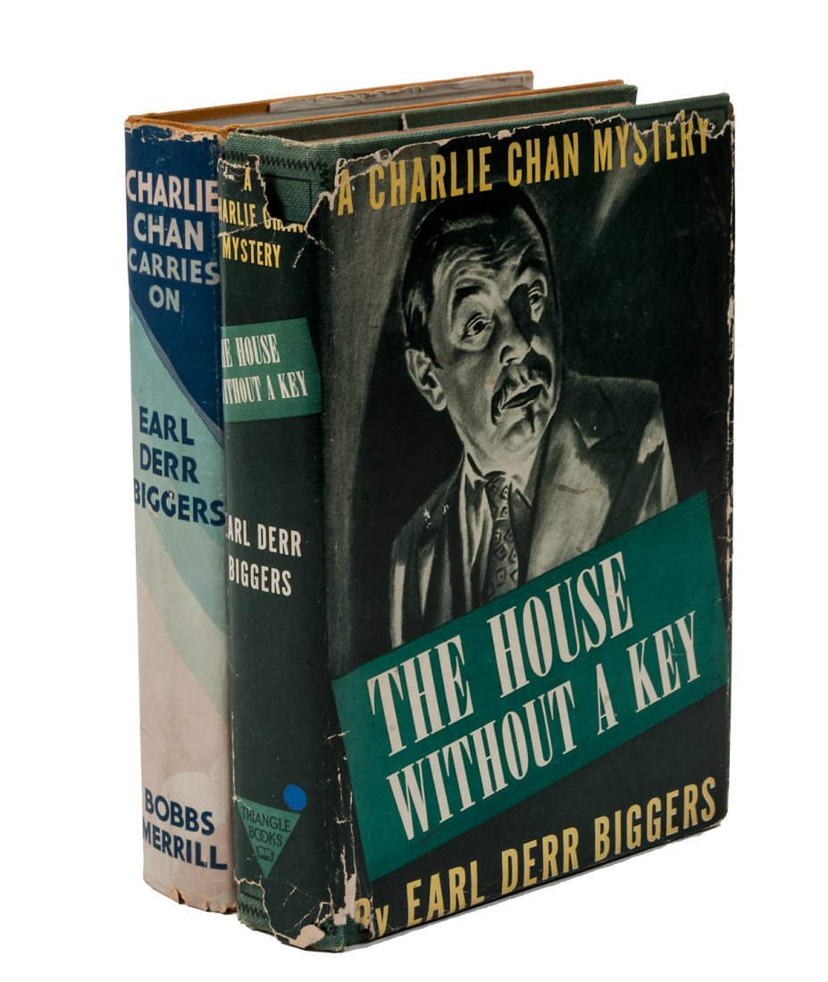 2 novels by Earl D. Biggers: Title: Charlie Chan Carries On Author: Biggers, Earl Derr Description: (8vo) orange cloth, lettered in blue, color illustrated dust jacket. First Edition. The lot also includes: The House Without a K