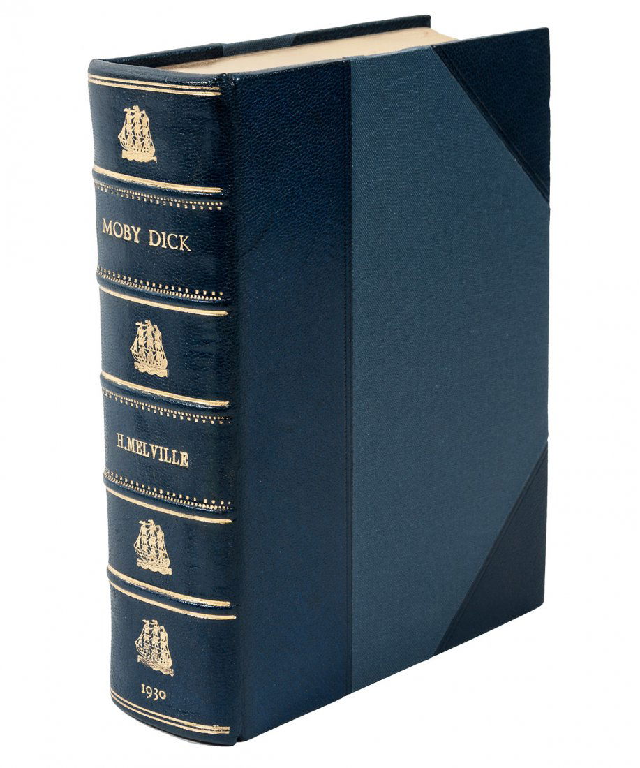 Finely bound Moby Dick, 1930 illustrated by Rockwell: Title: Moby Dick - finely bound Author: Melville, Herman Description: xxxi, 822 pp. Illustrated by Rockwell Kent. 17.5x13 cm (7x5¼") in half blue morocco and cloth, gilt decorated and let
