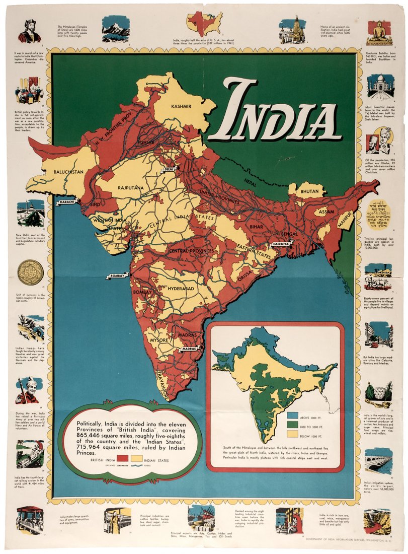 1944 Map of British India World War II Poster: Title: Map of British India World War II Poster 1944 Author: Description: Color map of India on paper. 22x30". World War II poster of British India. Multi-color map, showing the 11 provinc