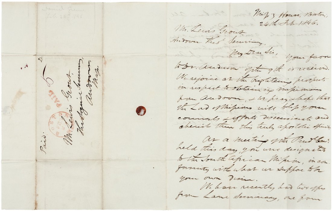 1846 First American Missionary Scholar of the Zulu: Heading: (Africa) Author: Greene, Rev. D[avid] Title: Autograph Letter Signed - 1846 First American Missionary Scholar of the Zulu Language Description: 2pp+stampless address leaf. To Lew