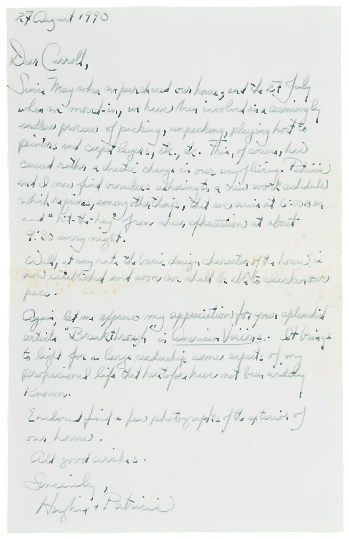 ANs from 1990 Famed Black Surrealist Painter: Heading: (African American Art) Author: Lee-Smith, Hughie Title: Autograph Note Signed - 1990 Famed Black Surrealist Painter Description: Autograph Note Signed “Hughie & Patricia”. 1 p