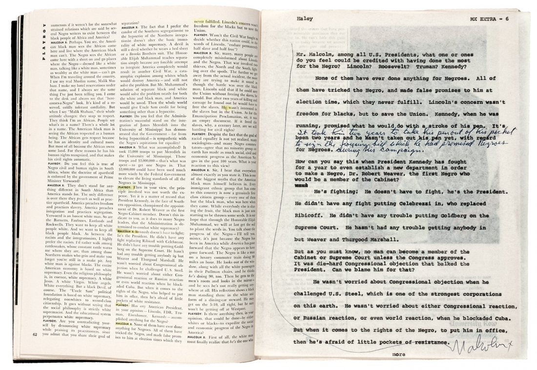 Two typed sheets, signed by Malcolm X - Playboy: Heading: (African American History) Author: Malcolm X Title: Two pages of typed notes from an interview with Playboy Magazine, with annotations in ink, and signed by Malcolm X Description: 2 typed she