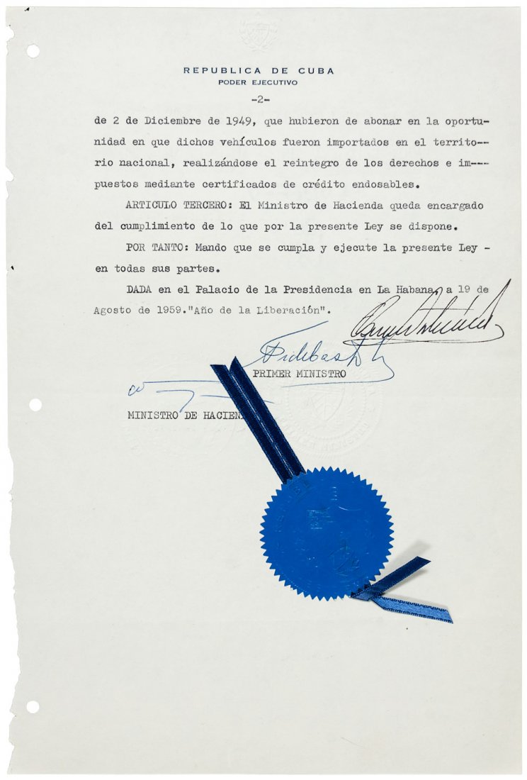 Document signed by Fidel Castro: Heading: Author: Castro, Fidel (born 1926) Title: Document signed by Fidel Castro, also signed by Osvaldo Dorticos Torrado, then-President of Cuba Description: 1½ pages, on two sheets, typescri