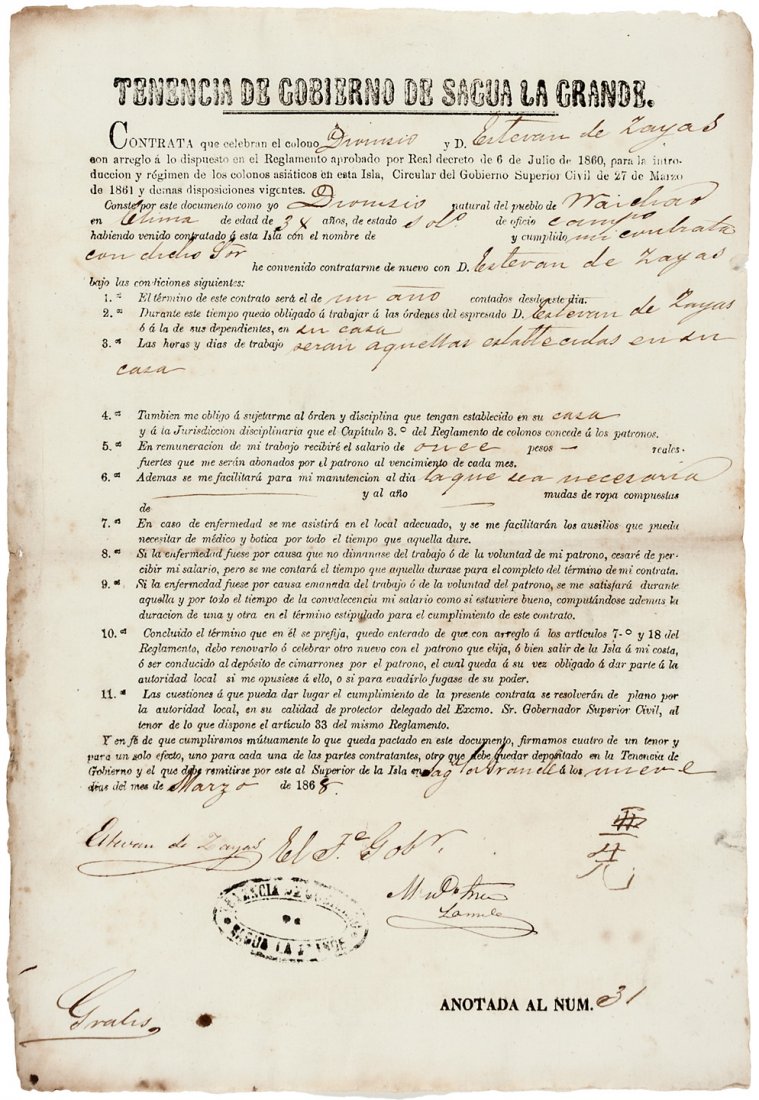 Group of five documents for Chinese slaves in Cuba: Heading: (Cuba - Chinese slavery documents) Author: Title: Five documents for Chinese slaves in Cuba Description: Five partially printed documents, complete by hand. Various sizes.