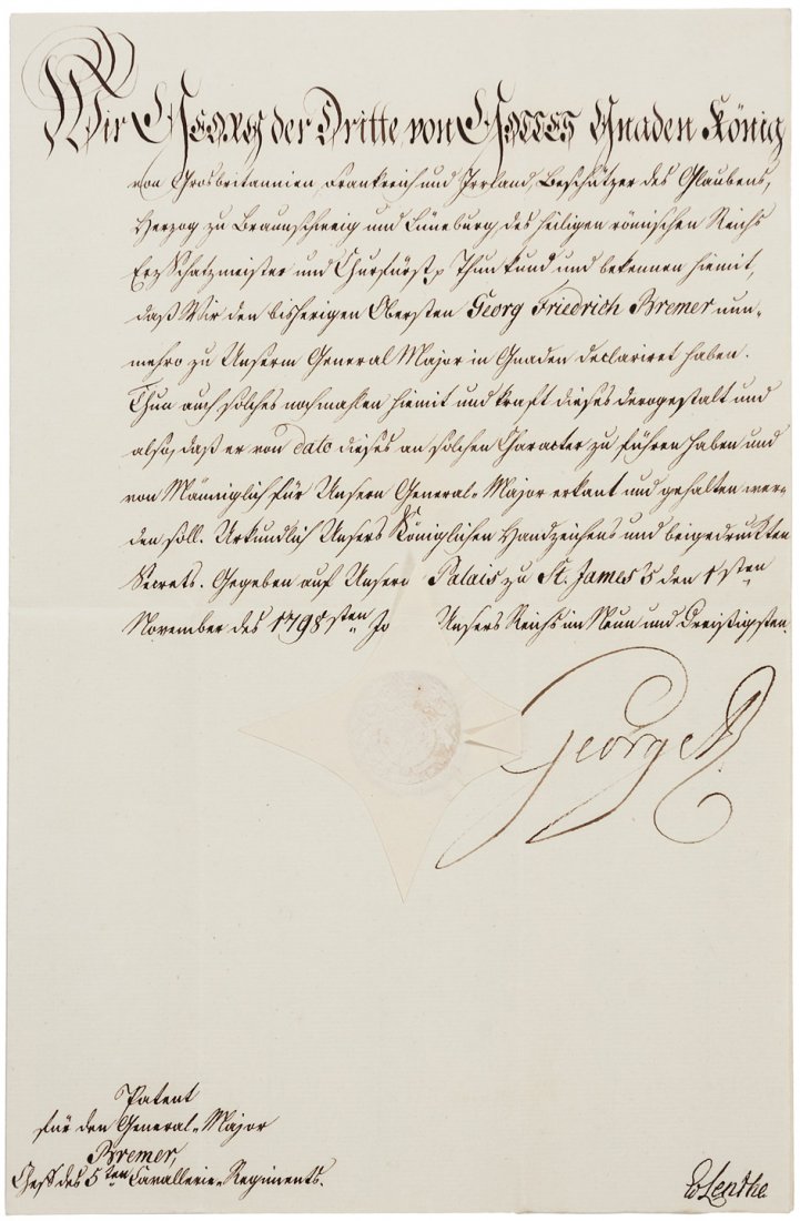 Document signed by King George III: Heading: Author: George III, King of England Title: Manuscript document, signed, promoting Colonel Georg Friedrich Bremer to the rank of General-Major Description: Manuscript document, signed George R