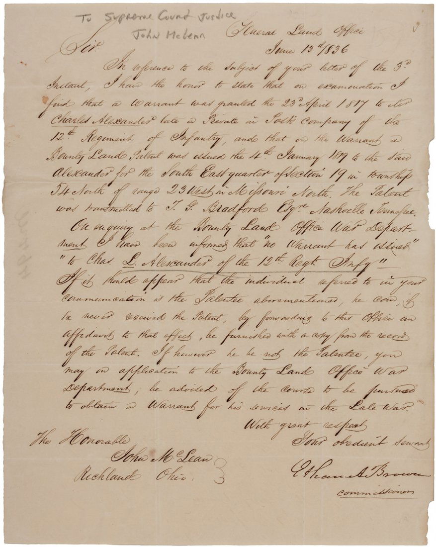 ALs from GLO to Supreme Court Justice McLean: Heading: (McLean, John) Author: Brown, Ethan A., commissioner Title: Autograph letter, signed to Supreme Court Justice John McLean - from the General Land Office Description: 1 pp. A lett