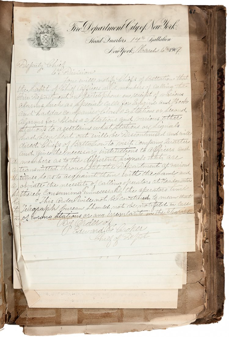 NYFD scrapbook: Heading: (New York City Fire Department) Author: Title: Scrapbook containing letters from the New York City Fire Department from the early 20th century Description: Over 50 leaves, each with typed let