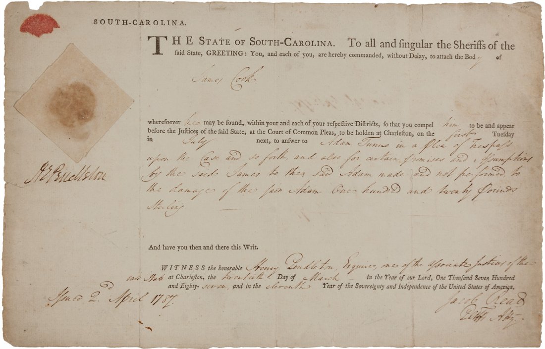 Early South Carolina Document: Heading: (South Carolina) Author: Read, Jacob and Henry Pendleton Title: Printed document, signed by Jacob Read and Henry Pendleton Description: Printed document, completed by hand, wax seal affixed a