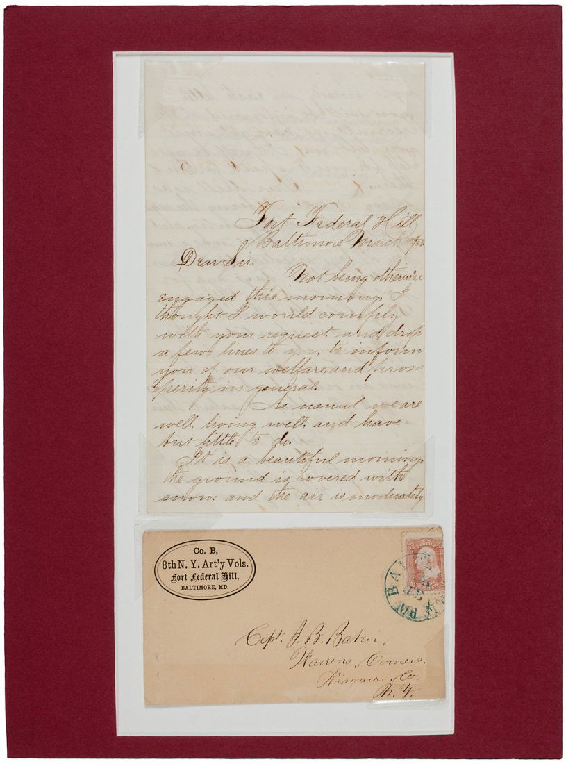 Letter from Civil War soldier: Heading: (Civil War) Author: Burns, R.G., Sergeant Title: Autograph Letter Signed by Sergeant R.G. Burns, Union army, to Capt. J. B. Baker Description: 2½ pp., on 4-page lettersheet. 20.5x12.6