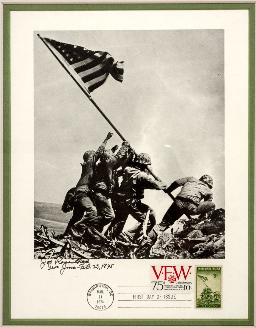 Joe Rosenthal's Iwo Jima flag photo signed: Heading: (World War II) Author: Rosenthal, Joe Title: Finescreen photograph of the flag raising on Iwo Jima, with 1974 first day cover cancellation, inscribed and signed by Rosenthal Description: Ima
