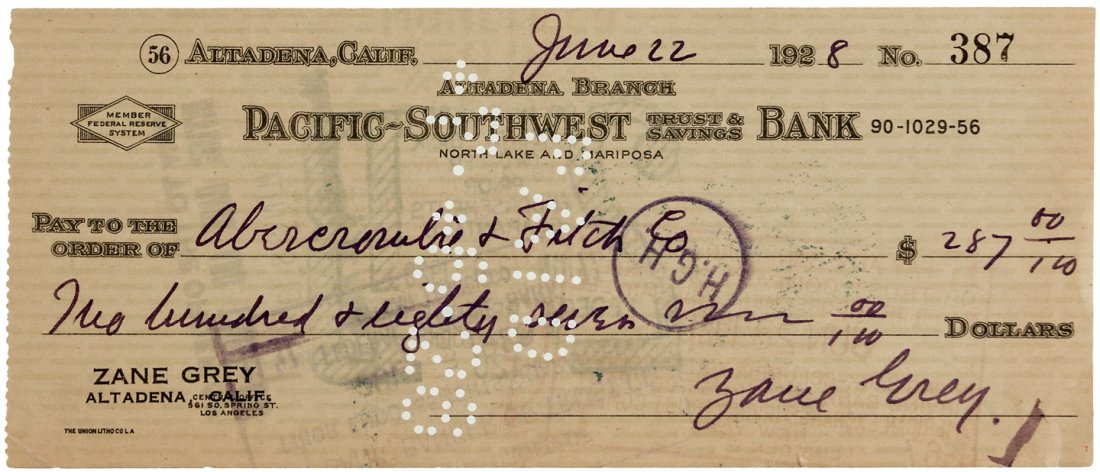 Zane Grey signed check to Abercrombie & Fitch, 1928: Heading: Author: Grey, Zane Title: Check made out to Abercrombie & Fitch, signed by Zane Grey Description: Check issued through Grey's account with Pacific-Southwest Trust & Savings Bank