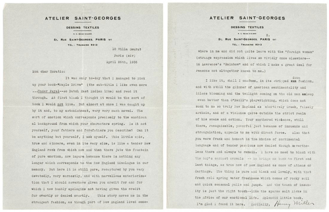 Letter from Henry Miller to Horatio Robert Swasey: Heading: Author: Miller, Henry Title: Typed Letter, signed, to author Horatio Robert Swasey regarding Swasey's book "Maple Drive" Description: Typed Letter, signed, on letterhead of Atelier Saint-Ge