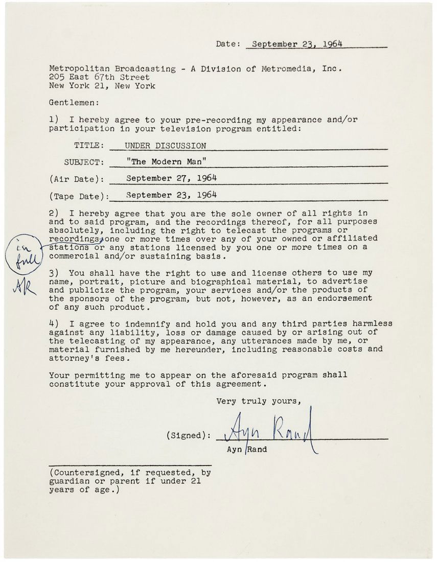 Ayn Rand signed Television Contract: Heading: Author: Rand, Ayn Title: Contract for a television appearance, signed by Ayn Rand Description: One page document, signed and initialed by Ayn Rand. 11x8½". Contract
