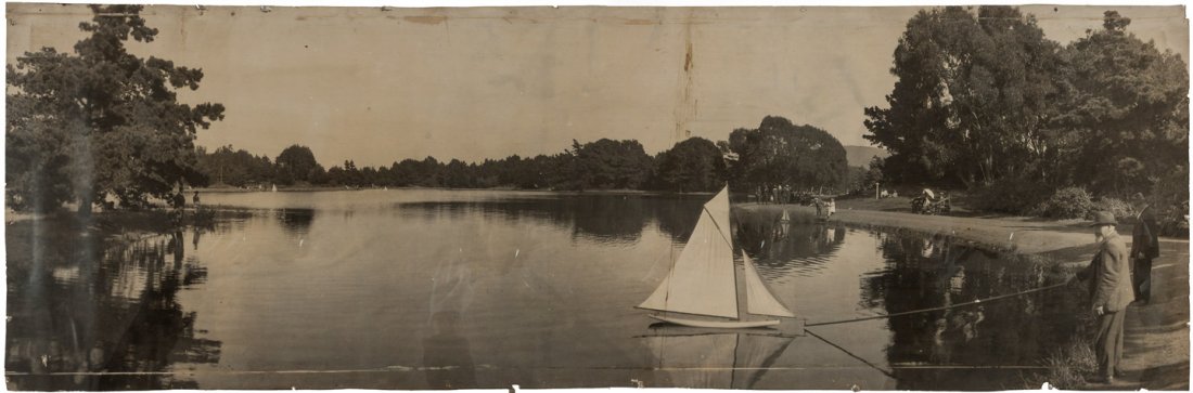 Model Yacht Sailing on Spreckles Lake c.1910: Heading: (California - San Francisco) Author: Title: Panoramic photograph of model boats on Spreckels Lake in San Francisco's Golden Gate Park Description: Vintage panoramic photograph, 39.5x120.5 cm 