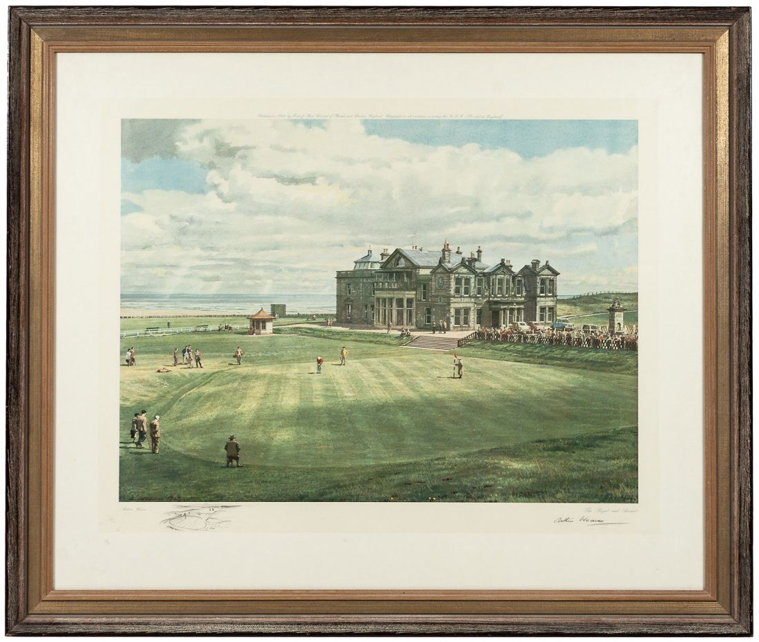Weaver signed print of the Royal & Ancient clubhouse: Heading: (Art) Author: Weaver, Arthur Title: The Royal and Ancient - color print signed by Arthur Weaver, with drawing Place Published: England Publisher:Frost & Reed Date Published: 1960