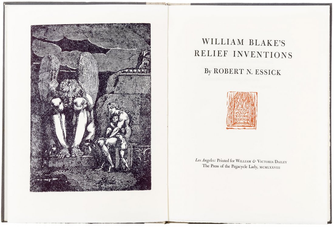 Blake's Relief Inventions 1/350: Heading: (Press of the Pegacycle Lady) Author: Essick, Robert N. Title: William Blake's Relief Inventions Place Published: Los Angeles Publisher:Press of the Pegacycle Lady Date Published: 19