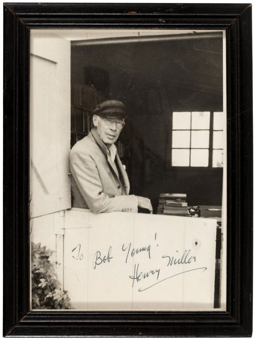 Signed photo of Henry Miller: Heading: Author: Miller, Henry Title: Photograph of Henry Miller, inscribed to Bob Young, and signed by Miller, on the image Place Published: Big Sur Publisher: Date Published: 1951 De