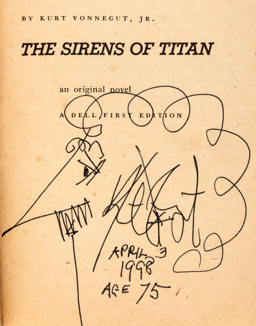 The Sirens of Titan signed by Vonnegut with a sketch: Heading: Author: Vonnegut, Kurt, Jr. Title: The Sirens of Titans Place Published: New York Publisher:Dell Date Published: [1959] Description: 319 pp. 6½x4¼, o