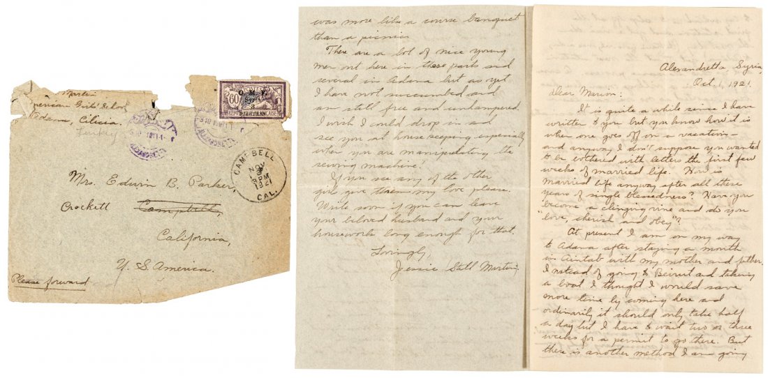 ALS from American woman in Syria 1921: Heading: (Syria and Turkey) Author: Martin, Jessie Still Title: Autograph Letter Signed - 1921 American young woman in French-occupied Turkish Syria Place Published: Alexandretta, Syria [now Iskenderu