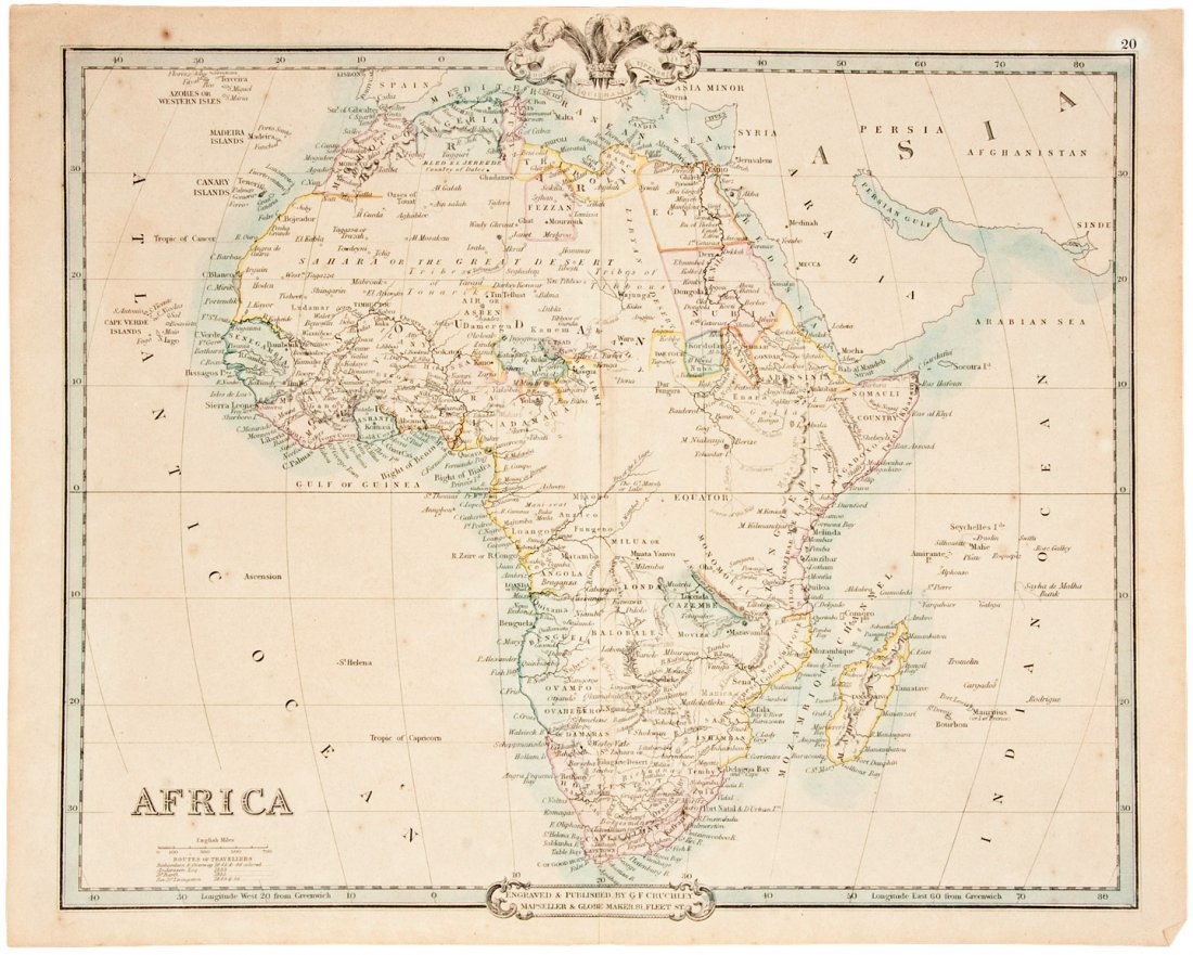 1840 map of Africa: Heading: (Africa) Author: Cruchley, George Frederick Title: Africa Place Published: London Publisher: Date Published: c.1840 Description: Engraved map, hand-colored. 35x44 c