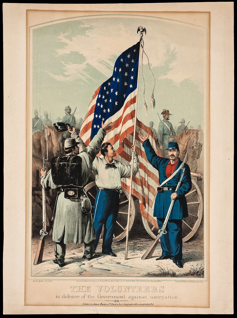 Hand-colored lithograph of Civil War troops: Heading: (Civil War) Author: Queen, James Title: The Volunteers In Defence of the Government Against Usurpation 1861 - hand-colored lithograph Place Published: Philadelphia Publisher:Published by Jame