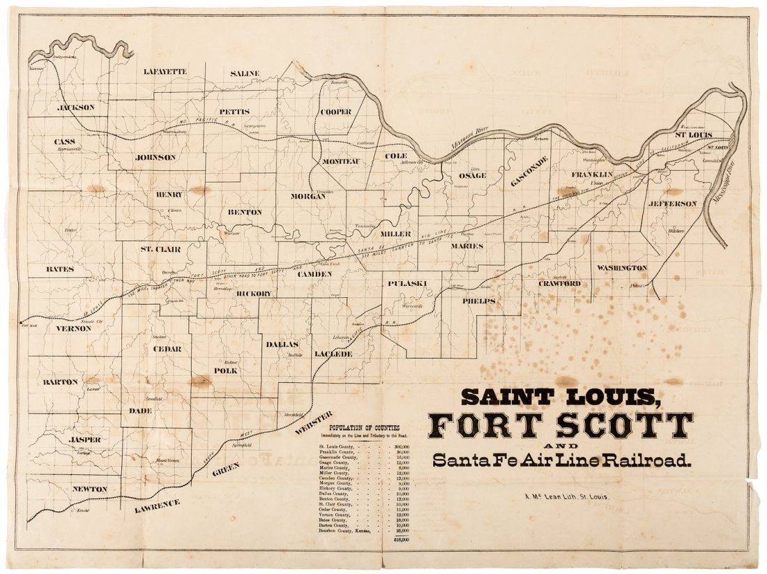 Rare map of central Missouri railroad: Heading: (Missouri) Author: Title: Saint Louis, Fort Scott and Santa Fe Air Line Railroad Place Published: St. Louis, MO Publisher:A. McLean Date Published: c.1870 Description: