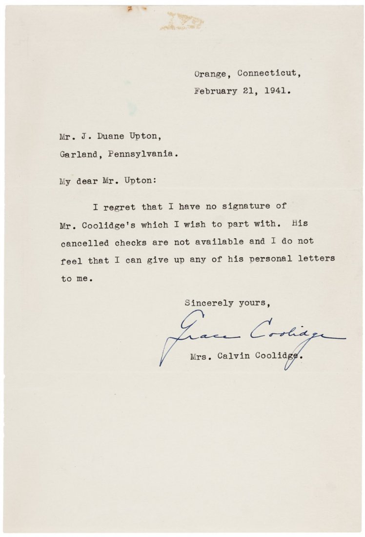 2 letters from Mrs. Calvin Coolidge.: Heading: -1923 Author: Coolidge, Mrs. Calvin Title: Two letters, signed from Grace Coolidge Place Published: Publisher: Date Published: 1921 and 1941 Description: Two lette