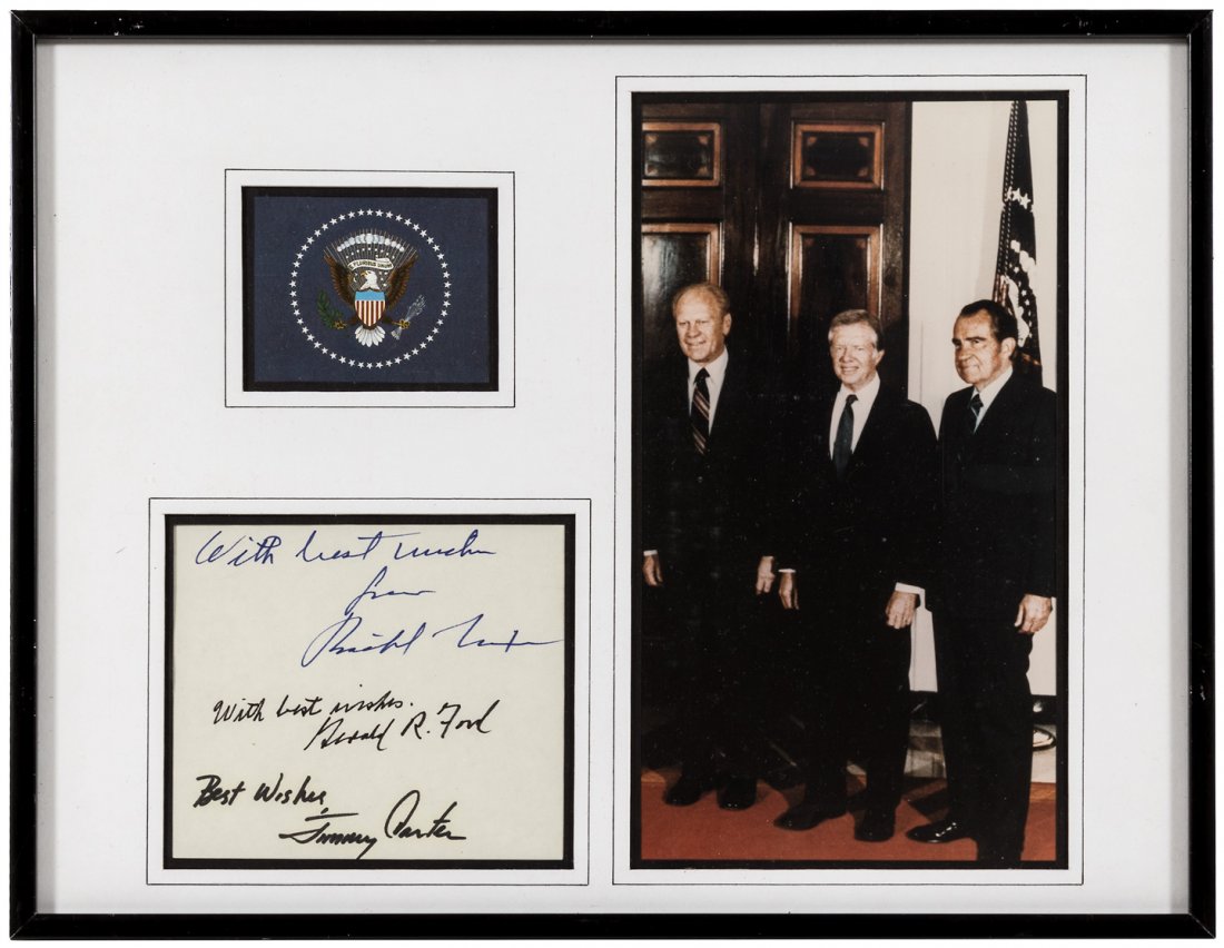 Autographs of Nixon, Ford, & Carter on paper, framed: Heading: (1969-1977) Author: Title: Trio of autographs of Richard Nixon, Gerald Ford, and Jimmy Carter Place Published: Publisher: Date Published: No date Description: Thr