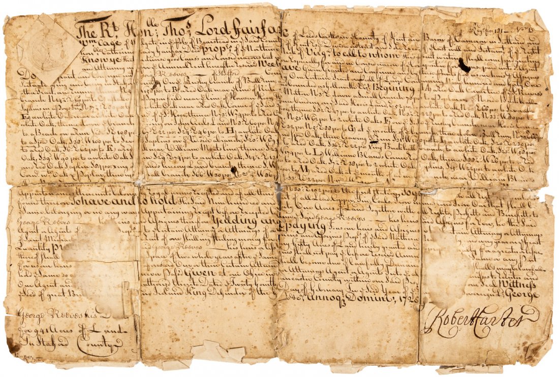 Colonial Virginia Land Deed Lord Fairfax: Heading: Author: Carter, Robert “King”, Colonial Governor of Virginia Title: Early Colonial land indenture which appears to be transferring some 941 acres of land in Lancaster County owned by The 