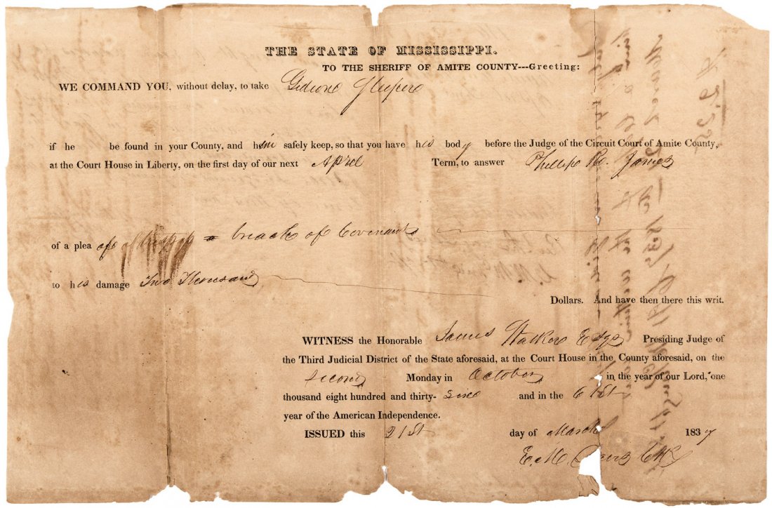 Amite County Mississippi document re a Negro slave: Heading: (Slavery) Author: Title: Printed warrant for the arrest of Gideon Sleeper to answer a plea of Breach of Covenant regarding the sale of a Negro Slave Place Published: Amite County, Mississippi