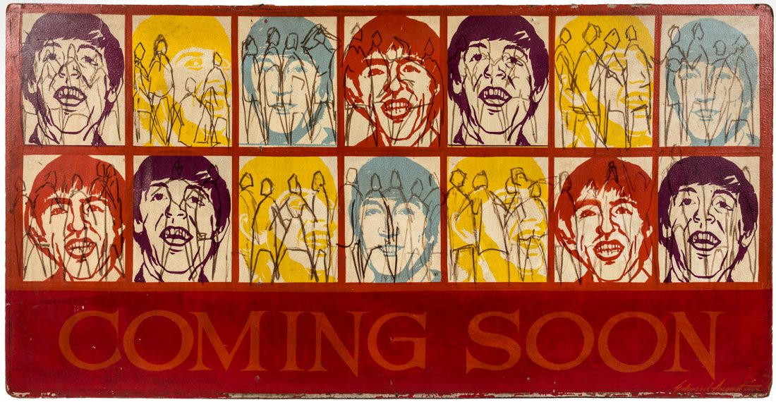 Coming Soon pop art of the Beatles in 1965 signed by: Heading: (Pop Art) Author: August, Edward Title: "Coming Soon" - Beatles pop art by Edward August Place Published: Publisher: Date Published: 1965 Description: Large painti