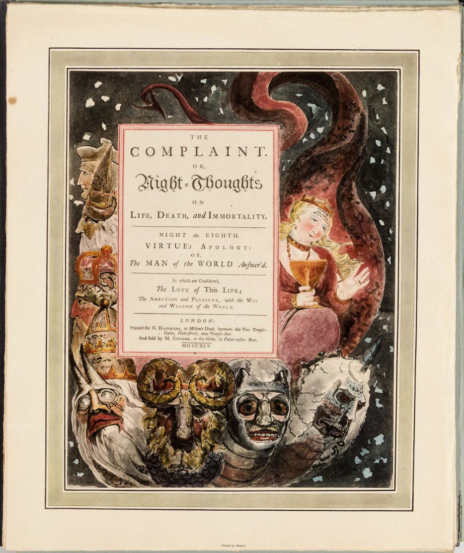 William Blake's Night Thoughts 1/500: Heading: Author: Blake, William Title: Illustratrations to Young's Night Thoughts Done in water-Colour by William Blake Place Published: Cambridge, MA Publisher:Fogg Museum of Art Date Published