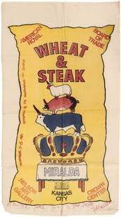 "Wheat & Steak" Canvas bag signed by Antoni Miralda: Heading: Author: Miralda, Antoni Title: Wheat & Steak - canvas bag for the Nelson Art Gallery exposition of Antoni Miralda artwork - signed by Miralda Place Published: Kansas City, Mo. Publisher: <