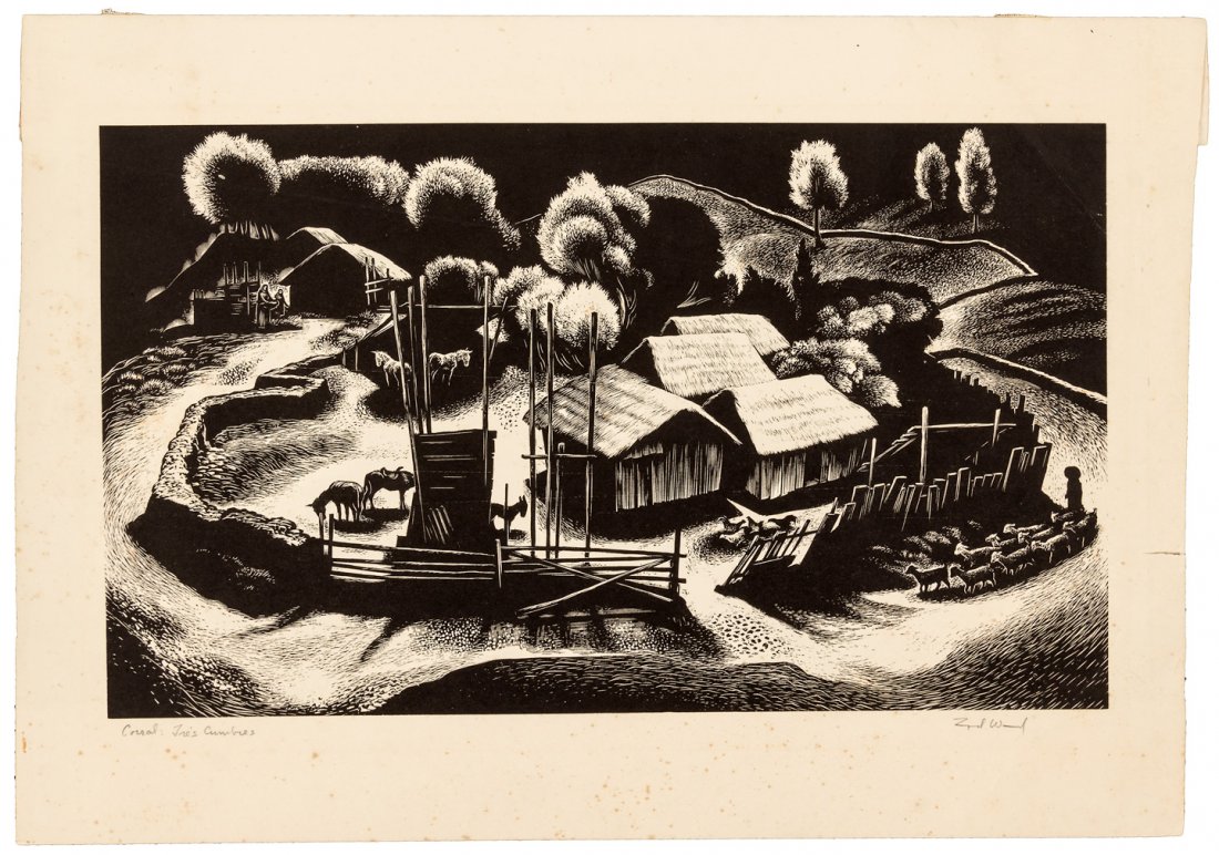 Lynd Kendall Ward, signed wood engraving: Heading: Author: Ward, Lynd Kendall Title: Corral: Tres Cumbres - original wood engraving Place Published: Publisher: Date Published: N.d. Description: _x000D_ Original woo