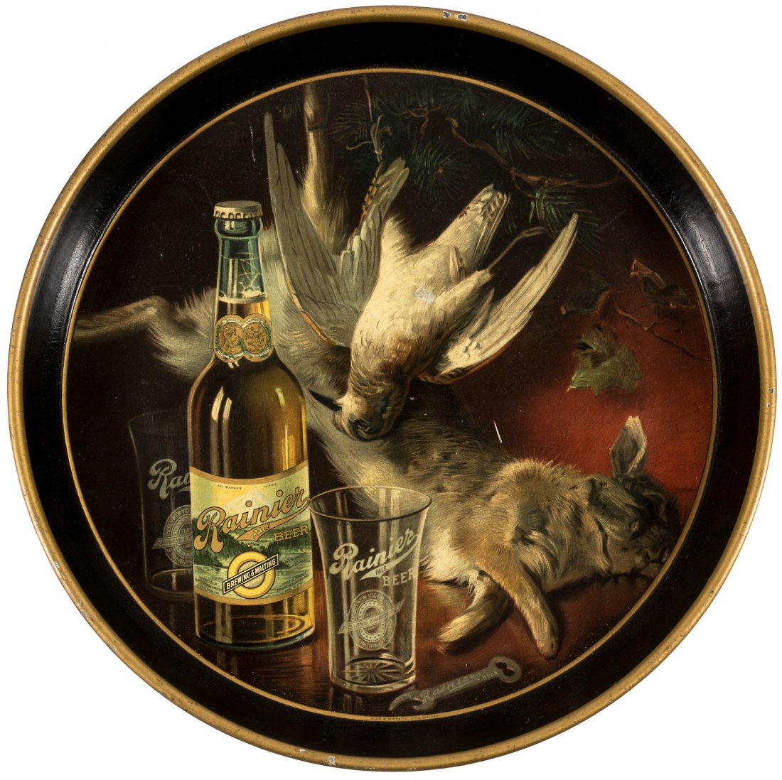 Ranier Brewing Co., Seattle, WA circular beer tray: Heading: (Beer Tray) Author: Ranier Brewing Co. Title: Beer serving tray Place Published: Seattle, Washington Publisher:Ranier Brewing Co. Date Published: c.1890-1900 Description: <