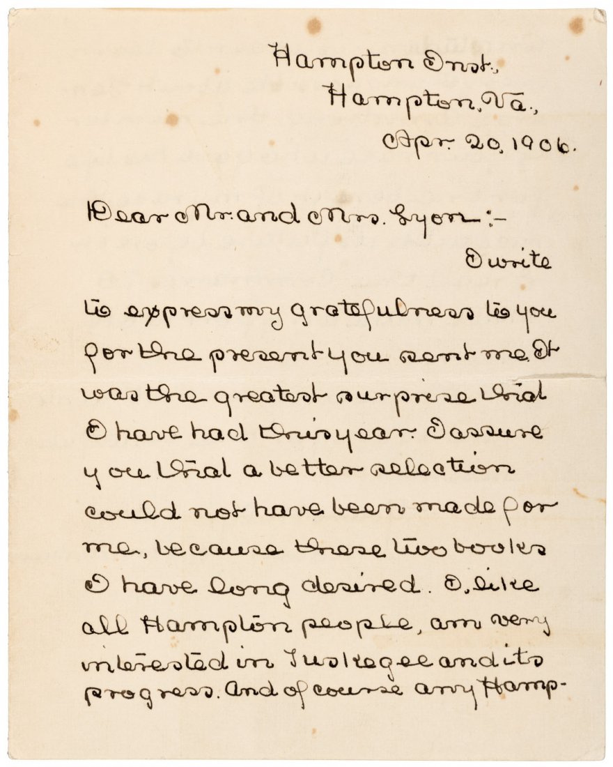 2 pp. letter from Robert Lee Brokenburr: Heading: (1906 Madame C.J.Walker's corporate confidante as Hampton Institute student) Author: Brokenburr, Robert L[ee] Title: Autograph Letter Signed - Madame C.J.Walker’s Legal Counsel as Hampton I