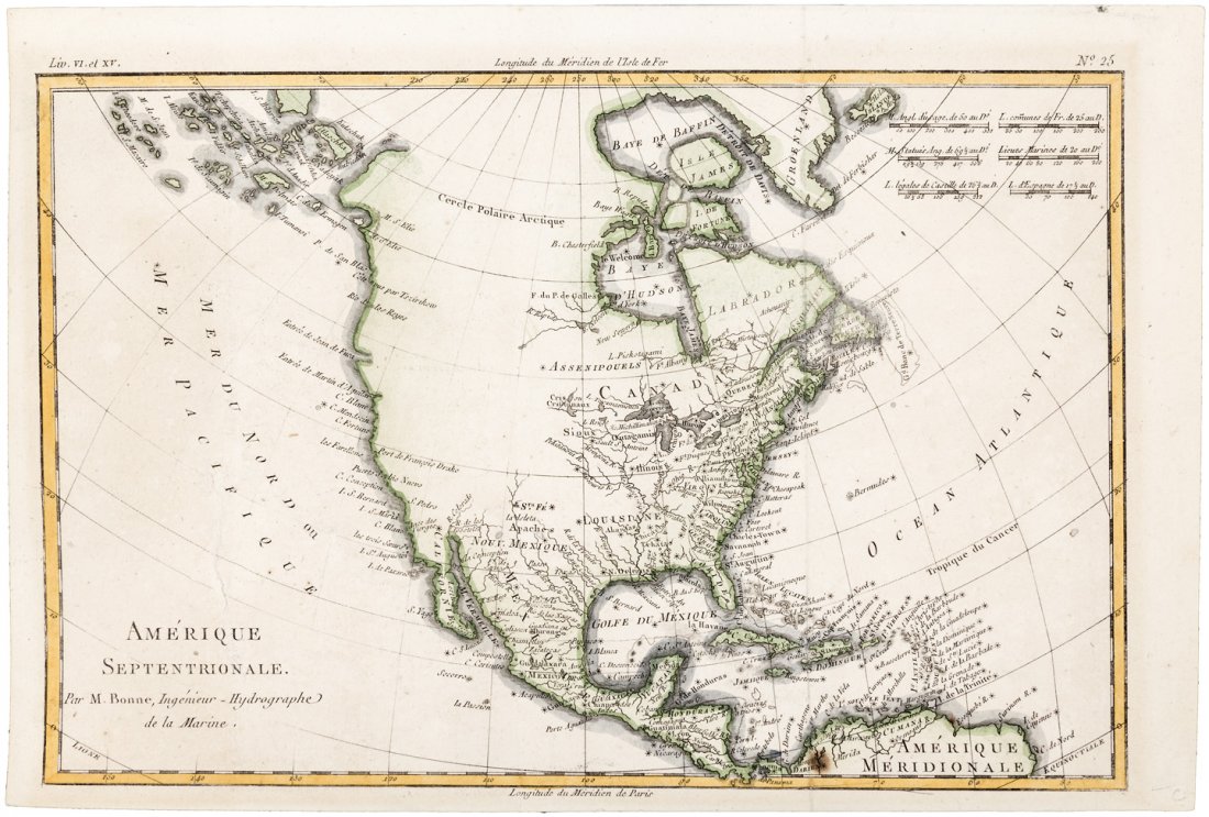 Map of North America c.1780: Heading: (North America Author: Bonne, Rigobert Title: Amérique Septentrionale Place Published: Paris Publisher: Date Published: c.1780 Description: Copper-engraved map, han