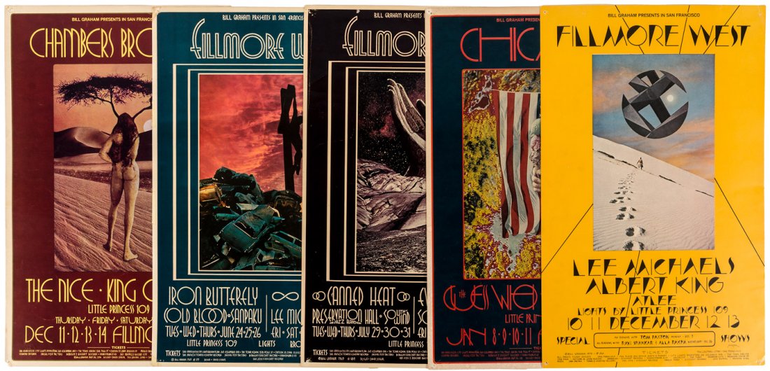 5 rock posters for Bill Graham, art by David Singer: Heading: (Rock Posters) Author: Bill Graham Title: Five rock posters for concerts at Fillmore West, featuring the art of David Singer Place Published: San Francisco Publisher: Date Published: