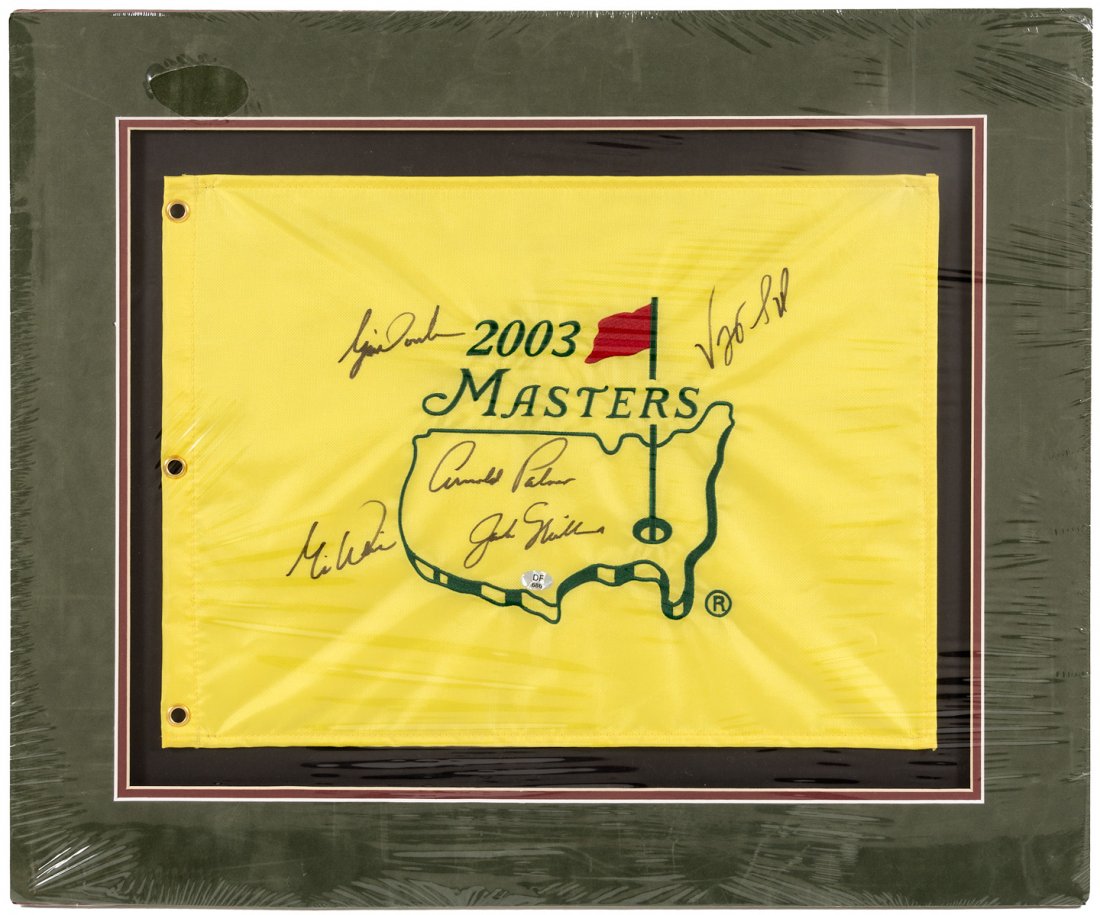 ***WITHDRAWN***Masters 2003 souvenir flag: Heading: (Masters - 2003 Tournament Flag) Author: Title: 2003 Masters flag, signed by Tiger Woods, Arnold Palmer, Gary Player, Jack Nicklaus, Vijay Singh and Mike Weir Place Published: [Augusta, GA]