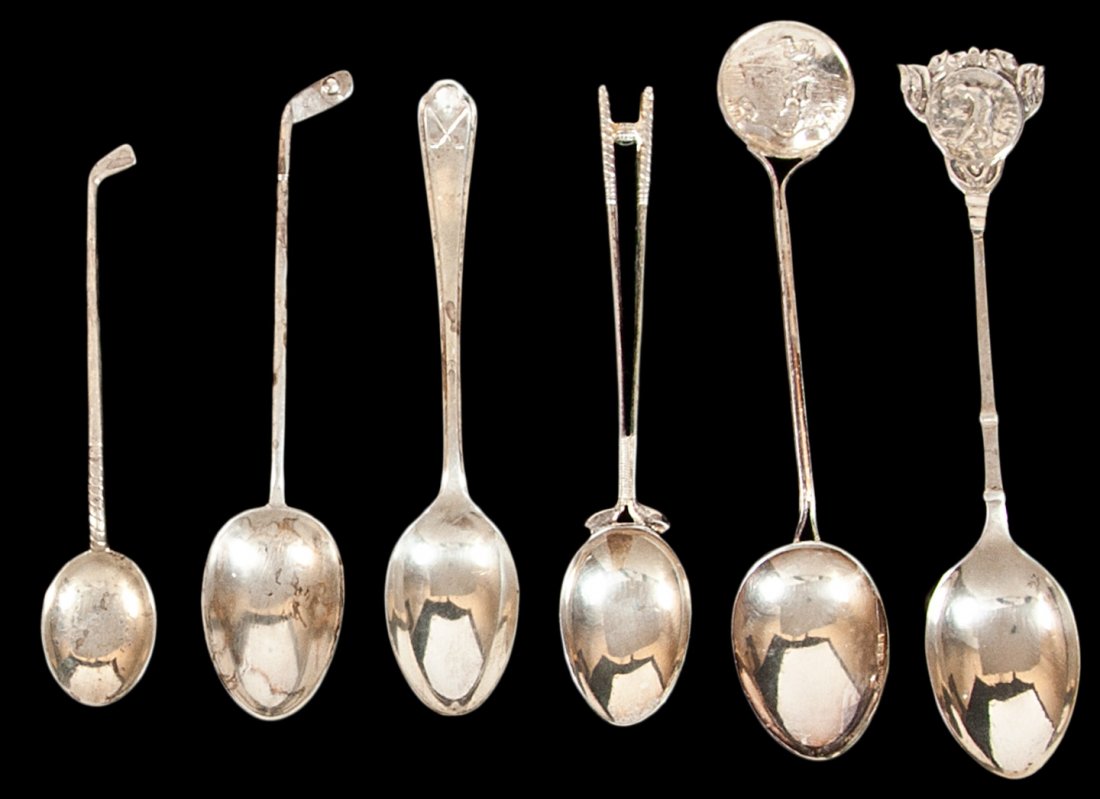 Six silver spoons with golf decoration: Heading: (Silver - Spoons) Author: Title: Six silver spoons with golf decoration Place Published: Publisher: Date Published: Description: _x000D_ Includes: 2 sterling silv