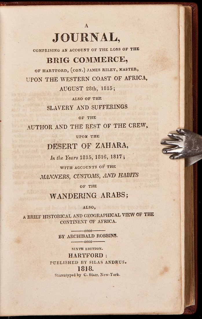 Loss of the Brig Commerce: Heading: Author: Robbins, Archibald Title: A Journal, Comprising an Account of the Loss of the Brig Commerce, of Hartford, (Con.) James Riley, Master, Upon the Western Coast of Africa, August 26th, 18