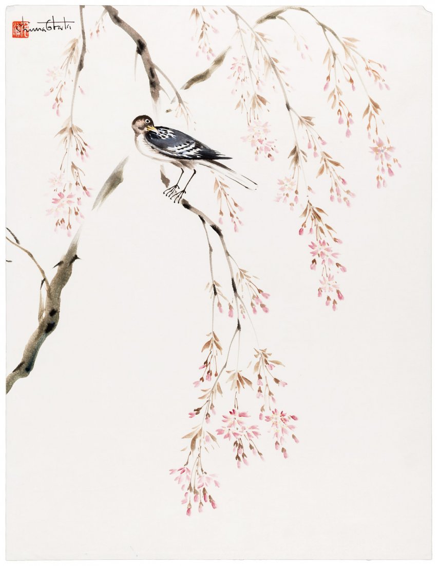 Original watercolor by Chiura Obata: Heading: Author: Obata, Chiura Title: Original watercolor of a bird perched on a blossoming tree Place Published: [San Francisco] Publisher: Date Published: No date Description: