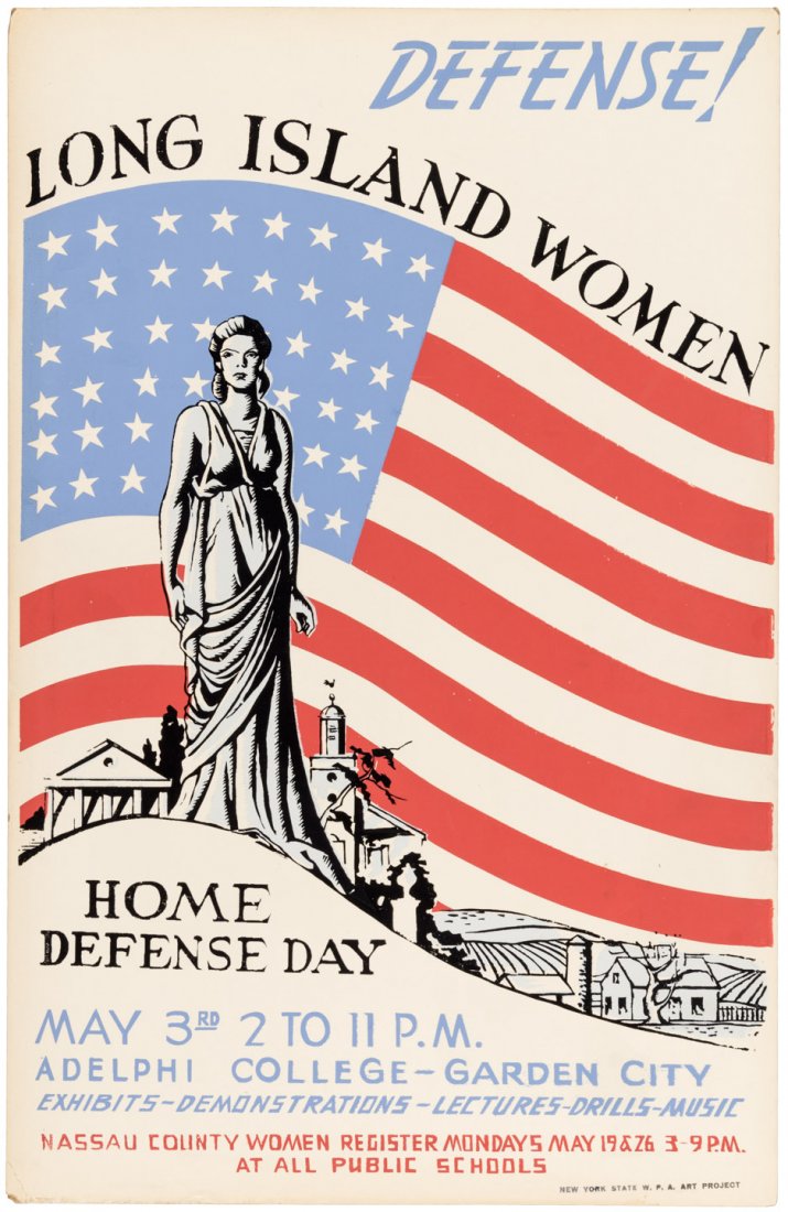 WPA NY art project poster for Home Defense Day: Heading: Author: WPA Art Project New York Title: Defense! Long Island Women. Home Defense Day - poster from the New York State WPA Art Project Place Published: Publisher: Date Published: c.